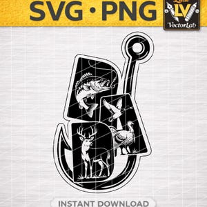 May include: A black and white digital graphic design featuring a large fishing hook outline containing three rectangular panels. The panels display illustrations of a leaping bass, a flying duck, and a standing deer with a turkey, labeled SVG PNG.