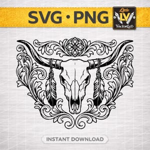 May include: Black and white graphic of a bull skull with long horns, feathers, and ornate floral scrollwork. The image includes the text "SVG • PNG" and "INSTANT DOWNLOAD". A logo for "Little VectorLab" is in the upper right corner.