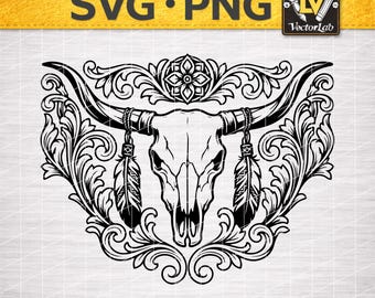 Sheridan Longhorn SVG | Western Floral Cow Skull PNG | Leather Carving Patch Design | Laser Engrave Cut File | Ornate Vector
