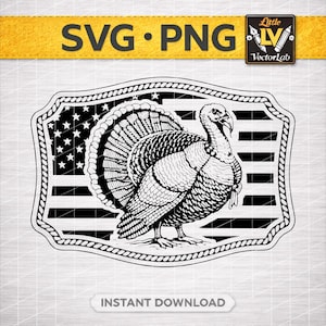 May include: Black and white illustration of a turkey inside a frame with an American flag design. The image includes the text "SVG • PNG" and "INSTANT DOWNLOAD". The turkey is detailed with feathers and a wattle.