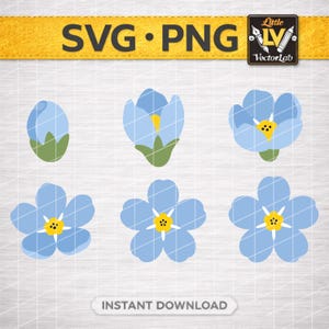 May include: A digital graphic featuring six light blue forget-me-not flower illustrations in various stages of bloom. The flowers have yellow centers and green stems. The image includes the text "SVG • PNG" and "INSTANT DOWNLOAD".