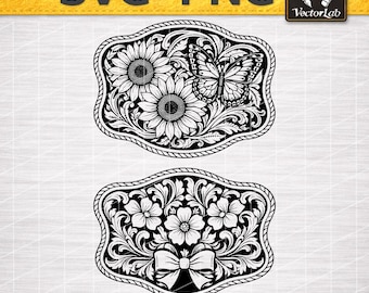 Western Floral Coquette Sunflower Butterfly Belt Buckle SVG PNG | Cowgirl Tooled Leather Style Floral Patch | Country Western Graphic