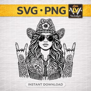 Puede incluir: Gráfico en blanco y negro de una mujer con sombrero de vaquero y gafas de sol, haciendo un gesto de rock and roll con la mano. La imagen incluye el texto "SVG • PNG" y "DESCARGA INSTANTÁNEA". La ropa de la mujer está decorada con motivos florales.