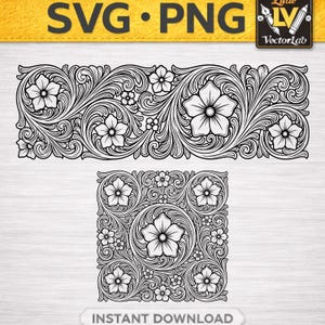 May include: A digital graphic file featuring two black and white floral patterns. The top design is a horizontal rectangular border with scrolling vines and five-petaled flowers. The bottom design is a square pattern with a central flower.