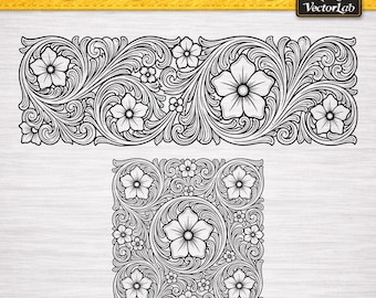 Western Floral Tooling SVG PNG DXF | Vintage Leather Scroll Pattern | Engraving Vector Cut File | Laser Engraved Cowgirl Art Download