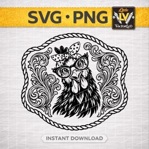 May include: Black and white SVG and PNG digital download featuring a chicken wearing glasses and a polka dot bow. The chicken is inside a decorative frame with the text "SVG PNG" and "Instant Download".