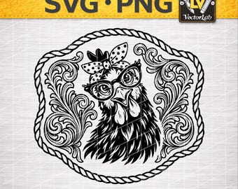 Funny Chicken SVG | Farm Hen Tooled Leather Patch PNG | Chicken Lady Western Design | Rope Frame Cut File | Farmhouse Girl Vector