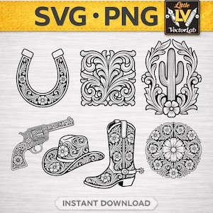 Western Tooled Leather SVG PNG DXF Bundle, Cowgirl Hat Boots Horseshoe Cactus Floral Pattern, Laser Engraving Leather Hat Patch Cut Files