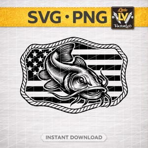 May include: Black and white illustration of a catfish inside a rectangular frame with an American flag design. The frame is outlined with a rope-like border. The image includes the text "SVG • PNG" and "INSTANT DOWNLOAD".