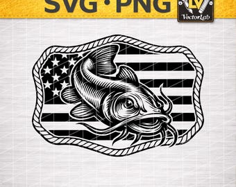 Catfish American Flag SVG PNG | Patriotic Fishing Design | Laser Engraving Leather Hat Patch Rustic Apparel Cut File for Cricut & Glowforge
