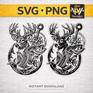 Może przedstawiać: Czarno-biała grafika cyfrowa SVG i PNG przedstawiająca jelenia, rybę i kaczkę, z kompasem i hakiem. Tekst "SVG • PNG" znajduje się u góry, a "NATYCHMIASTOWE POBIERANIE" u dołu.