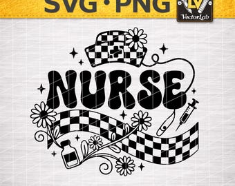 Trendy Floral Nurse SVG | Retro Checkered Healthcare PNG | Flower Medical Design | Nursing Student | Cut File DXF