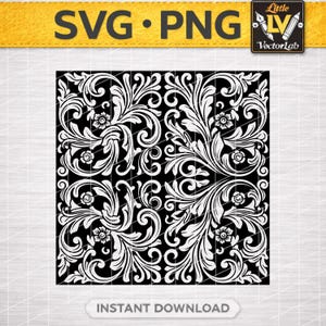 Pode incluir: Um arquivo gráfico digital em preto e branco com um padrão de damasco simétrico com folhas de acanto em espiral intrincadas e pequenos detalhes florais. O banner superior exibe o texto SVG PNG e o logotipo Little VectorLab com um lápis.