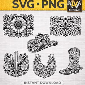May include: Black and white SVG and PNG digital designs featuring a sunflower, floral scroll, cowboy hat, cactus, horseshoe, and cowboy boot. The designs are intricately detailed with floral patterns and the text "SVG • PNG" and "INSTANT DOWNLOAD".