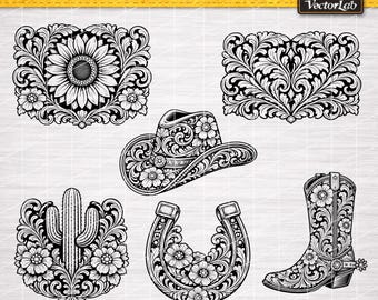 Western Tooled Leather SVG PNG DXF Bundle, Cowgirl Hat Boot Horseshoe Cactus Floral Pattern, Laser Engraving Leather Hat Patch Cut Files