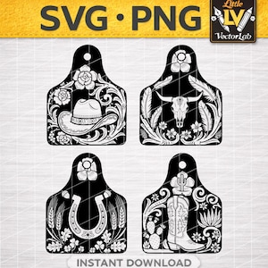 May include: Four black and white digital graphic designs shaped like livestock ear tags. The designs feature a cowboy hat, a steer skull, a horseshoe, and a cowboy boot, all surrounded by floral and botanical elements. Text reads SVG PNG Little LV VectorLab.