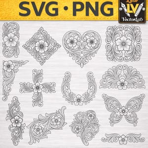 May include: A collection of black and white digital vector illustrations featuring intricate floral scrollwork designs. The set includes various shapes such as a heart, a horseshoe, a butterfly, corners, and borders, all decorated with detailed petals and swirling leaves.