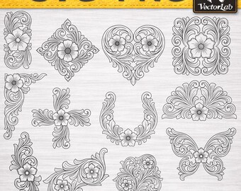 Ornamental Flourish Scrollwork SVG Bundle, Leather Tooling Floral Designs, Vintage Engraving Patterns, PNG DXF, Cricut Laser Files