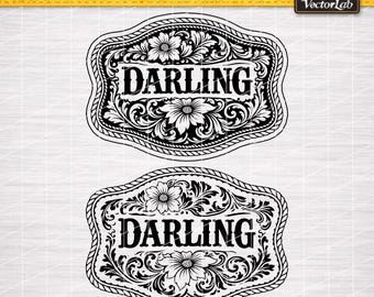 Darlin SVG PNG, Sassy Southern Cowgirl Western Floral Design, Tooled Leather Laser Engraving Hat Patch Cut File