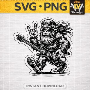 Zabawny hipisowski Bigfoot SVG PNG | Odjazdowy retro Bigfoot z okularami przeciwsłonecznymi z gitarą rockową i muletem | Grawerowany laserowo skórzany naszywka na kapelusz
