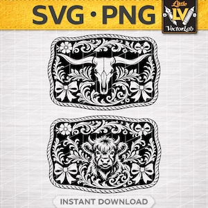 Może przedstawiać: Czarne i białe pliki cyfrowe SVG i PNG z dwoma dekoracyjnymi wzorami klamer do paska. Jeden wzór przedstawia czaszkę długorogiego bydła, a drugi szkocką krowę rasy Highland. Oba projekty zawierają kwiatowe i kokardowe akcenty, z tekstem "INSTANT DOWNLOAD".