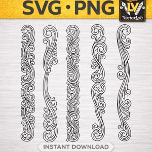 May include: Five vertical black and white line art scrollwork border designs featuring intricate swirling filigree patterns. The image includes the text SVG PNG at the top and INSTANT DOWNLOAD at the bottom, with a logo in the corner.