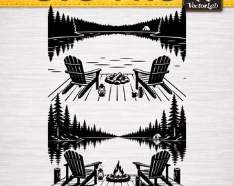 Lake Life Adirondack Chairs SVG | Lakeside Scene PNG | Mountain Camping Clipart | Pine Tree Waterfront Cut File | Summer Vacation Home Decor