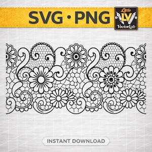 May include: Black and white floral lace design with the text "SVG • PNG" on a yellow banner. The image also includes the text "INSTANT DOWNLOAD" and a logo for Little LV VectorLab.