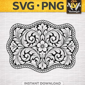 Peut inclure: Un graphique numérique en noir et blanc représentant une boucle de ceinture rectangulaire aux coins arrondis avec une bordure en corde. Le motif présente des volutes florales et des feuilles symétriques centrées sur une fleur à cinq pétales.