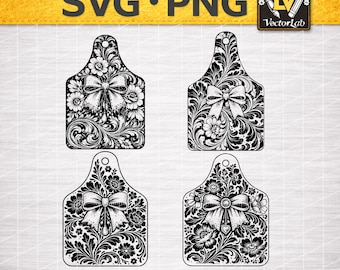 Cattle Ear Tag SVG PNG Bundle | Floral Cow Ear Tag Designs | Coquette Bow Western Tooled Leather Style | Laser Cut & Engraving File