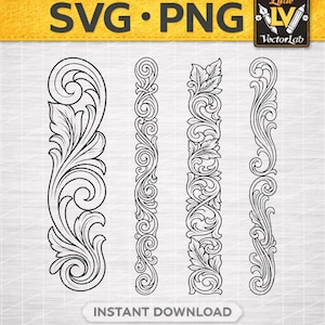 Peut inclure: Un fichier graphique numérique présentant quatre motifs de bordure en volutes noir et blanc avec des détails complexes de feuilles et de vignes. L'image inclut le texte SVG PNG et Little VectorLab en haut et INSTANT DOWNLOAD en bas.
