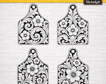 Cattle Ear Tag SVG Bundle | Tooled Leather Cow Tag DXF | Western Floral Tag PNG | Laser Engrave Cut File | Rancher Hat Patch Logo Cricut