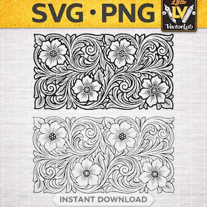 May include: A digital graphic file featuring two rectangular panels of black and white floral scrollwork. Each panel displays a repeating pattern of five-petalled flowers surrounded by intricate swirling leaves and vines. The text SVG PNG and INSTANT DOWNLOAD are visible.