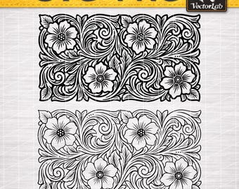 Tooled Leather Pattern SVG | Western Floral Scrollwork PNG | Leather Tooling DXF | Floral | Western Boutique Cut File |  Laser Engrave File