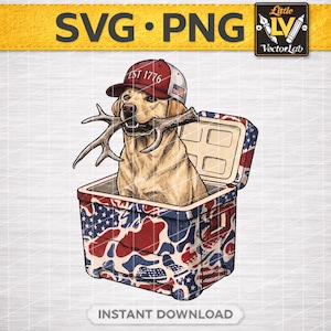 May include: A Labrador Retriever wearing a red and white hat with "EST 1776" text, holding antlers, and sitting inside a cooler with a red, white, and blue camouflage pattern. The image includes the text "SVG • PNG" and "INSTANT DOWNLOAD".
