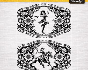 Cowgirl Western Belt Buckle SVG PNG Bundle, Cowgirl Gunfighter & Horse Rider Tooled Leather Floral Hat Patch Design