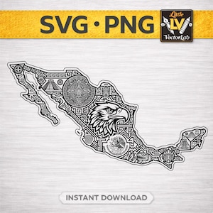 Mexico Symbols Map SVG | Aztec Mayan Heritage PNG | Mexican Art Cut File | Aztec Pyramids DXF | Mexico Map Laser Engrave Silhouette Vector
