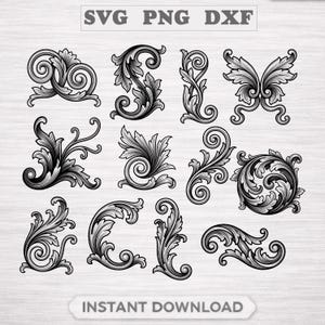 May include: A collection of eleven black and white digital graphic illustrations featuring intricate acanthus leaf scrollwork and filigree flourishes. The image includes the text SVG PNG DXF at the top and INSTANT DOWNLOAD at the bottom.