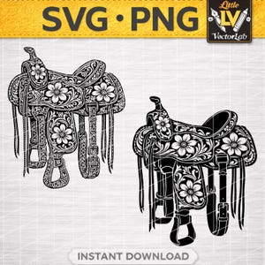 May include: Black and white vector illustration of two detailed western saddles. The saddles feature floral and scroll designs, with stirrups, straps, and fringe. The image includes the text "SVG • PNG" and "INSTANT DOWNLOAD".