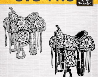 Western Horse Saddle SVG PNG | Tooled Leather Floral Pattern Design | Cowboy Cowgirl Leather Patch File | Laser Engraving Graphic