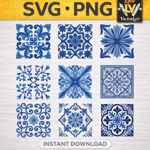 Op de afbeelding: Een digitale collectie van negen vierkante tegels met blauwe en witte bloem- en geometrische patronen. De afbeelding bevat de tekst SVG PNG en Little VectorLab bovenaan, en de tekst INSTANT DOWNLOAD onderaan de weergave.