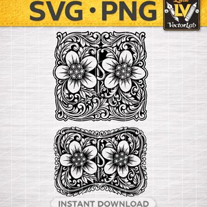 Può includere: Due disegni grafici digitali in bianco e nero con intricati motivi floreali di foglie e petali a volute. Il design superiore è rettangolare, mentre il design inferiore presenta un bordo curvo e smerlato.