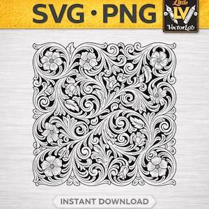 Bewerkt leerpatroon SVG | Westers bloemenmotief PNG | Leerbewerking DXF | Bloemen | Westerse boetiek snijbestand | Lasergraveerbestand