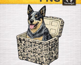 Blue Heeler in Camo Cooler PNG Hunting Dog Retro Vintage Design Dog Lover Digital Download