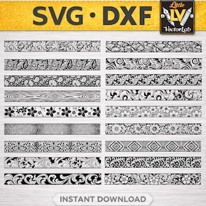 May include: A collection of twenty black and white digital border designs arranged in two columns. The patterns include floral motifs, paisley, wood grain, geometric shapes, and intricate scrollwork. The text SVG • DXF and Little VectorLab appear.