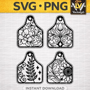 Può includere: Quattro design di etichette digitali in bianco e nero con intricati motivi floreali e botanici. Ogni etichetta ha una parte superiore arrotondata con un foro circolare. I design includono un grande fiore, un tulipano, una felce e un girasole.