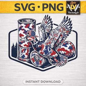 May include: A patriotic graphic featuring a duck with outstretched wings, wearing a baseball cap, and a camouflage pattern in red, white, and blue. The design includes ammunition and the text "SVG • PNG" and "INSTANT DOWNLOAD".