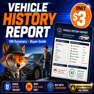 May include: A digital vehicle history report displayed on a laptop screen, featuring a VIN summary and buyer guide. The graphic includes a cartoon fox detective with a magnifying glass, a dark blue background, and text stating Vehicle History Report, Only $3, and Instant Download PDF Format.