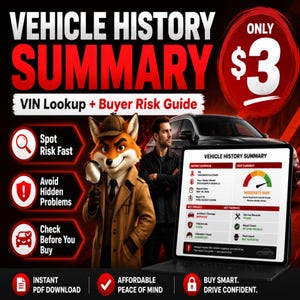 May include: A digital advertisement for a vehicle history summary service featuring a cartoon fox detective, a person, and a laptop displaying a report. Text includes Vehicle History Summary, Only $3, VIN Lookup + Buyer Risk Guide, and other details.