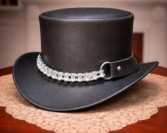 Chapeau de cowboy en cuir noir Chapeau de bande fait main steampunk en chaîne